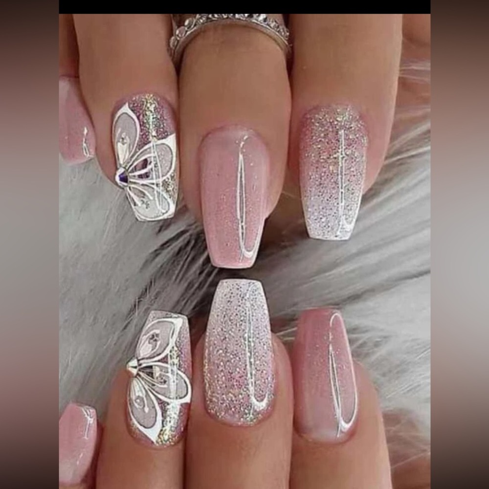 Glamorous Long Coffin floral Pink Ombre Glitter Rhinestone press on nails